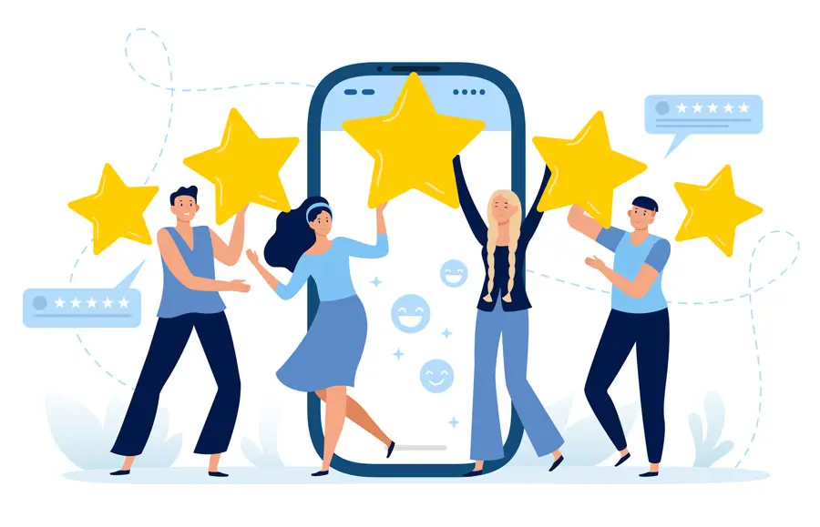 Five star mobile app feedback. Customer satisfaction, customers leave five star rating and positive feedback. Rating app rating choice, customer reviews flat vector illustration
